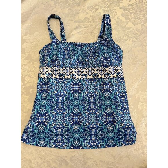 Lands End Tankini Swimsuit Top Size 10 Blue White Floral Stay Put Lined Modest - Picture 4 of 11